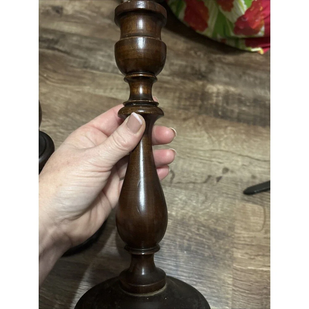 Vtg Antique Turned Wooden Set of Candle Stick Holders Dark Wood 10” & 10.5”